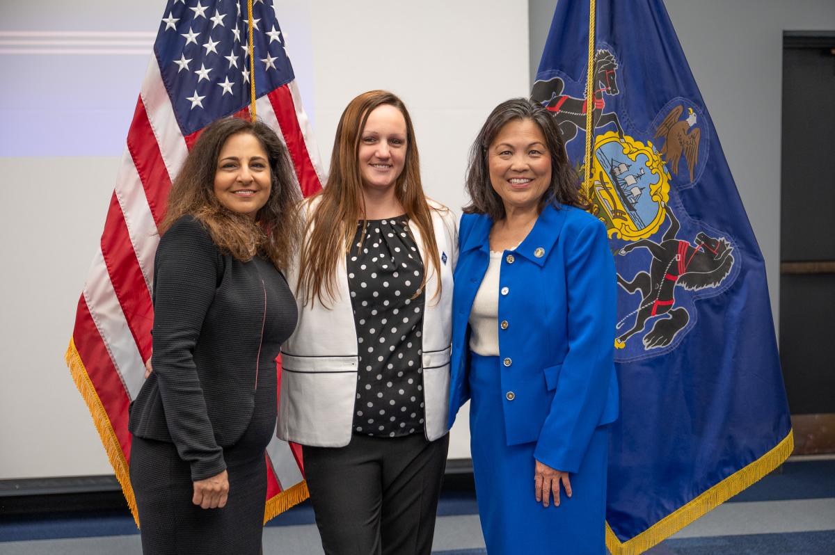 Stefanie Condo with Acting US Secretary of Labor, Julie Su, at Penn College press conference. 