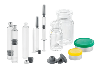 Parenteral packaging components including glass vials, prefillable syringes, cartridges, stoppers, and seals