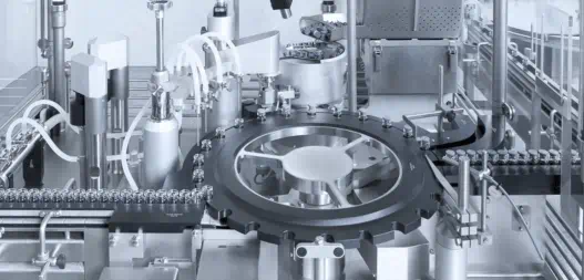 Aseptic pharmaceutical fill-finish machine processing glass vials on an automated production line.